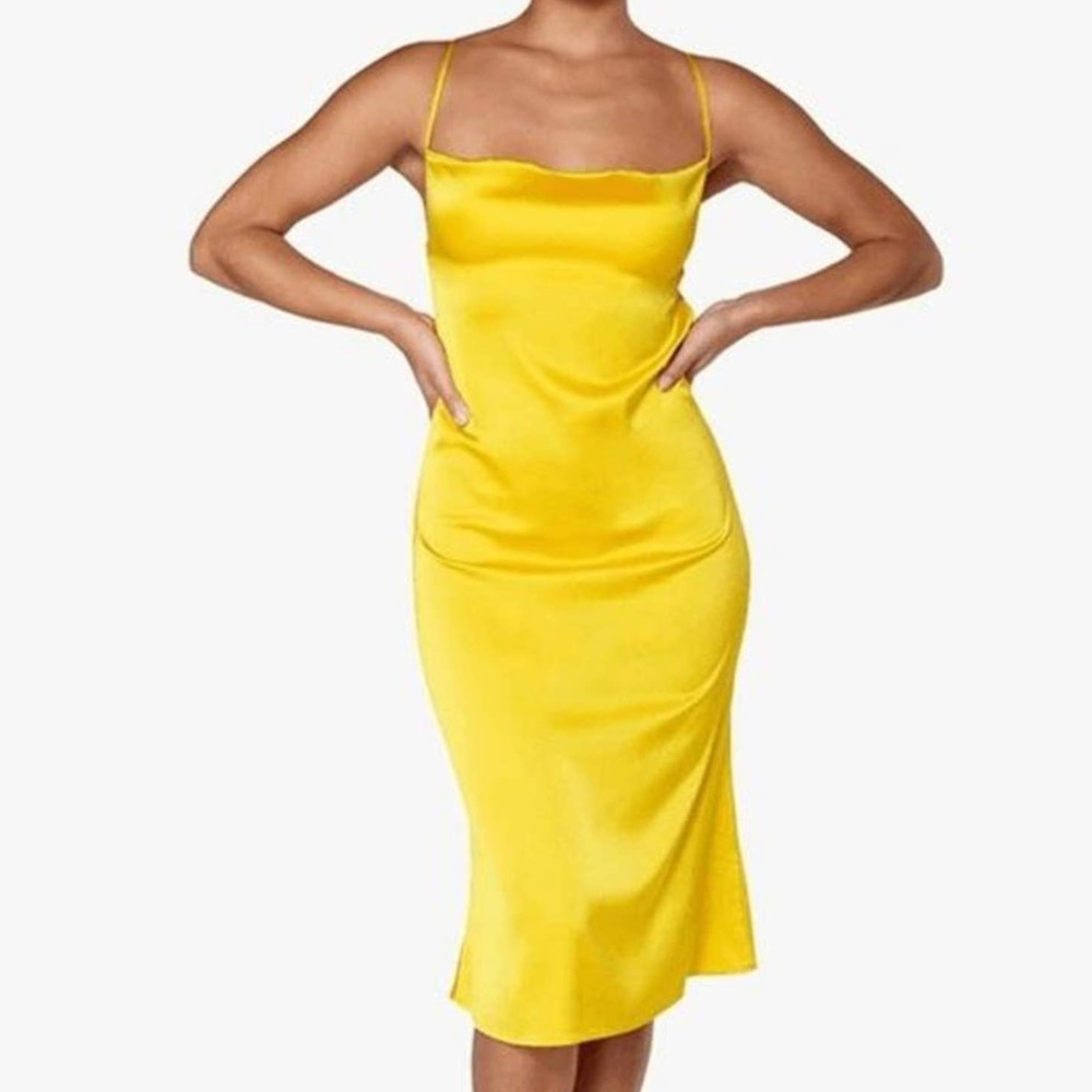 NWT We Wore What Danielle Bernstein Slip Evening Dress LARGE Satin Lemon Chrome
